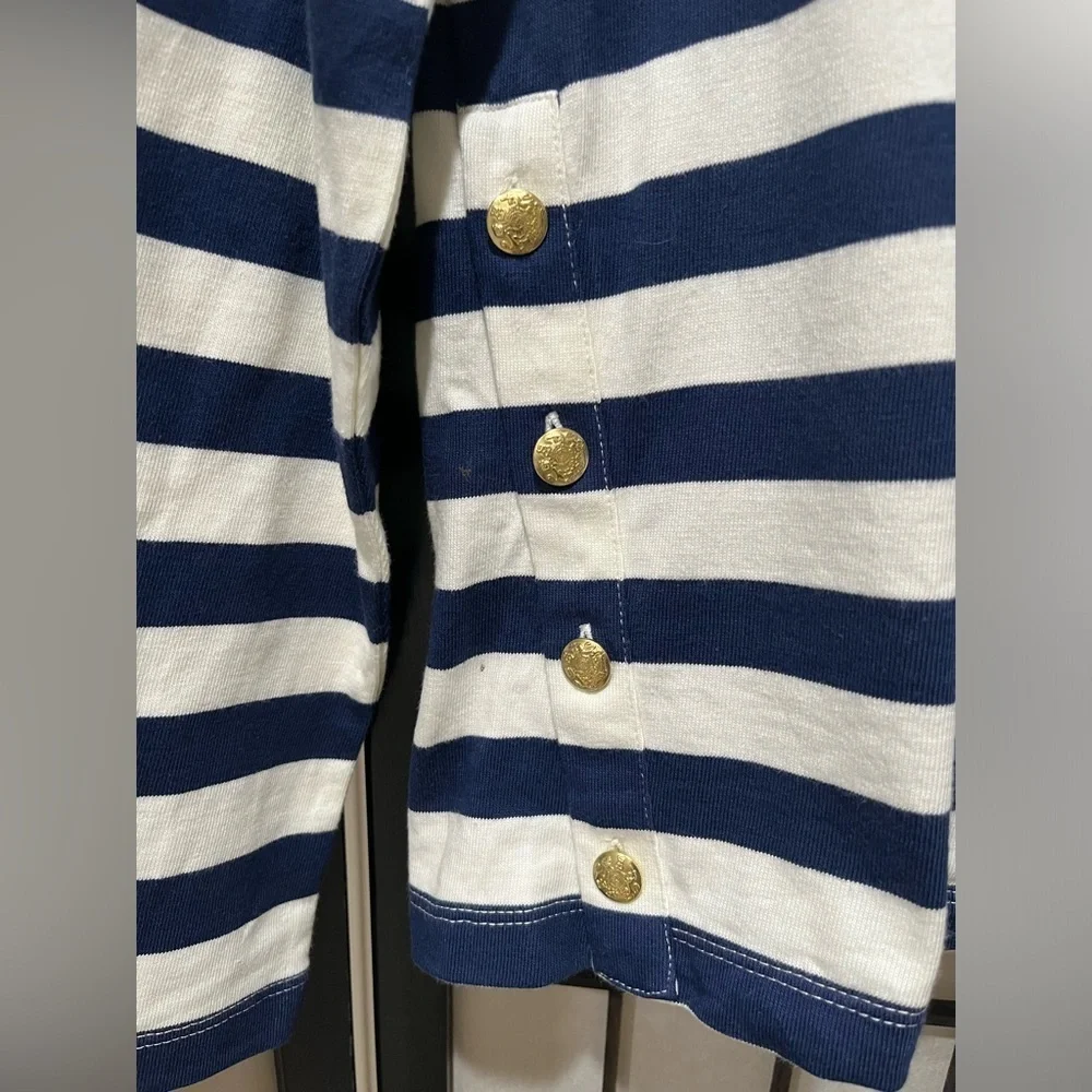 J. Crew Navy and White COASTAL Striped BUTTON SIDE TEE Top WOMEN SIZE M